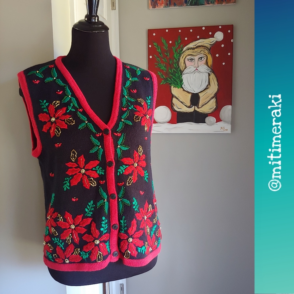 VINTAGE Bobbie Brooks Poinsettia Christmas Vest Women's Size Small